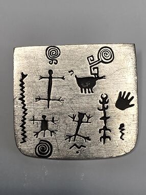 Vintage Urban Fetish @1988 Tribal Pewter Petroglyphs Brooch by Alice Steely